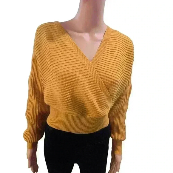 Forever 21 Mustard Yellow Ribbed Wrap Sweater - Size Small - Picture 6 of 6